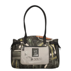 Lieblingstasche shoulder bag featuring a unique artistic graphic print, black leather handles, and a front zip pocket.