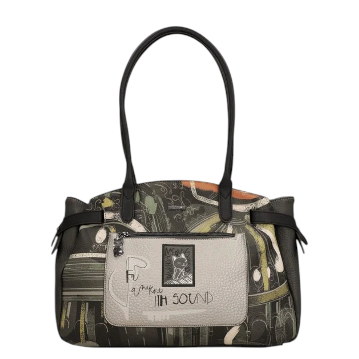 Lieblingstasche shoulder bag featuring a unique artistic graphic print, black leather handles, and a front zip pocket.