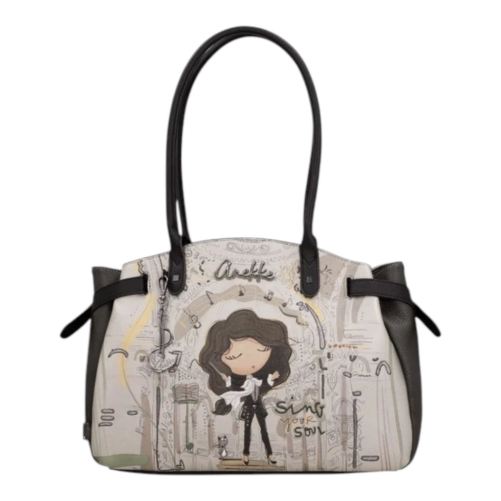 Lieblingstasche shoulder bag featuring an Anekke illustration of a girl singing with musical notes and city sketches