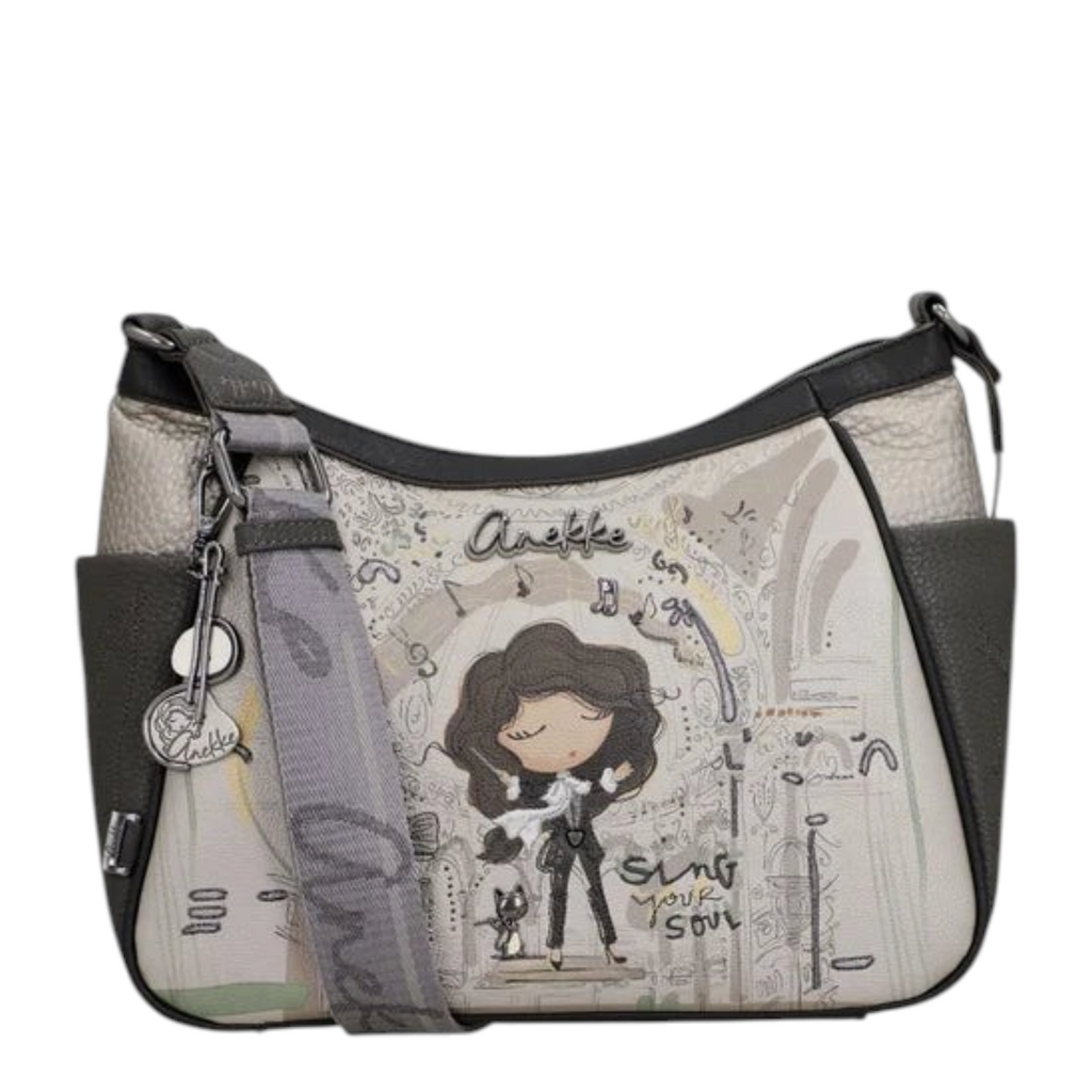 Lieblingstasche cross-body bag featuring Anekke illustration, grey and beige tones, and adjustable shoulder strap.