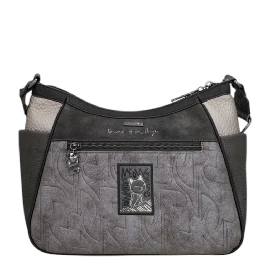 Lieblingstasche grey and black cross-body bag with quilted texture, cat graphic patch, and silver hardware