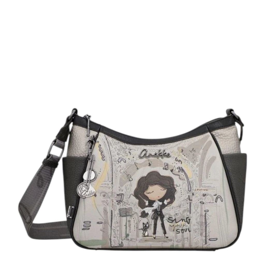 Lieblingstasche Anekke cross-body bag featuring a whimsical illustration of a girl singing with musical notes