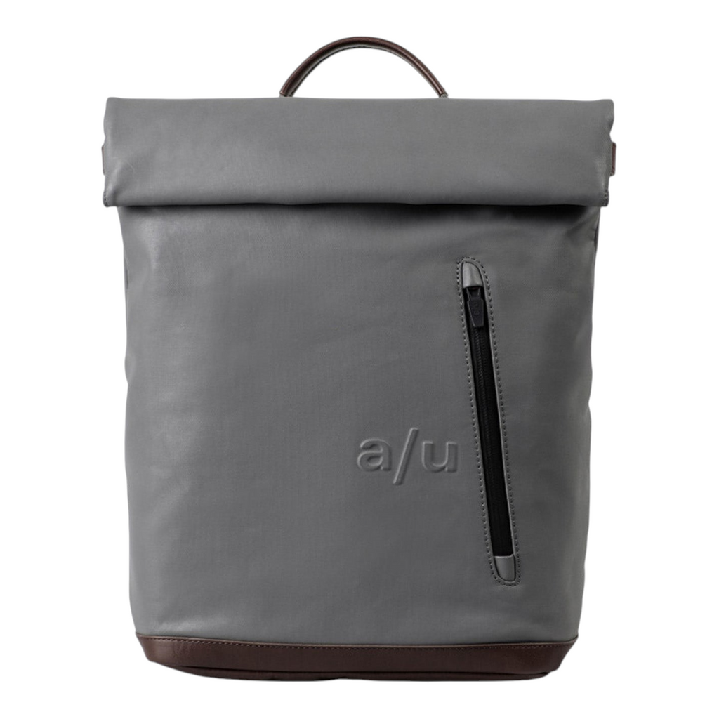 Lieblingstasche Wakayama grey rolltop backpack with brown leather trim and front zip pocket