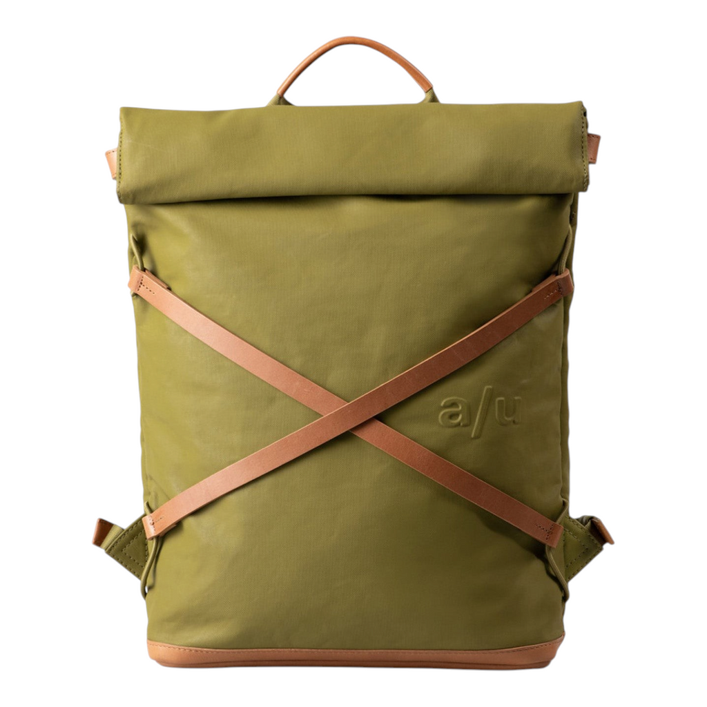 Lieblingstasche Yokohama olive green roll-top backpack with brown leather straps and base