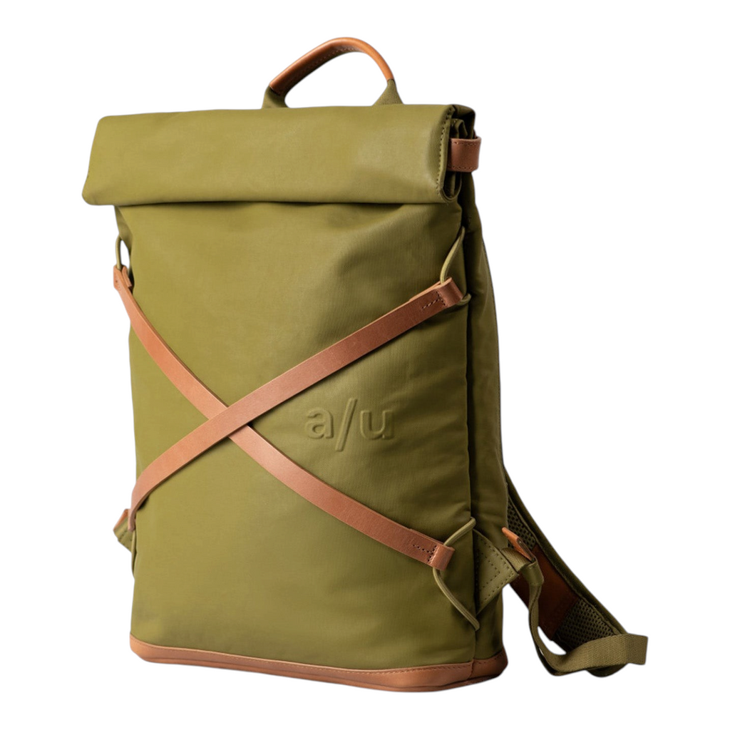 Lieblingstasche Yokohama olive green roll-top backpack with tan leather straps and embossed logo detail