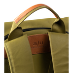 Lieblingstasche Yokohama olive green backpack with brown leather handle and embossed aunts & uncles logo patch