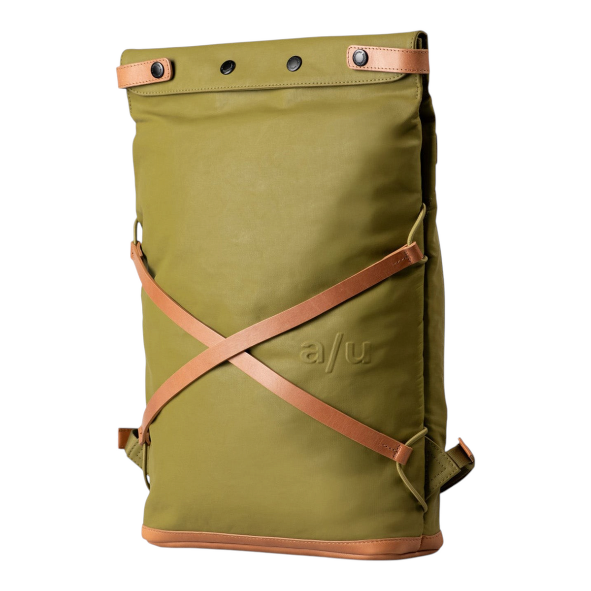 Lieblingstasche Yokohama olive green roll-top backpack with tan leather cross-strap detailing and embossed logo