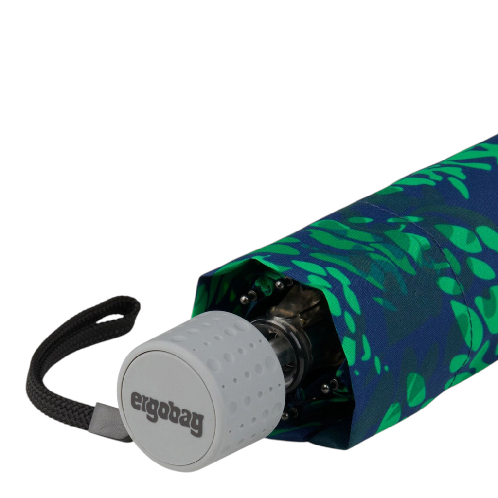 Lieblingstasche Affenzahn umbrella in blue and green leaf print with a grey handle featuring the ergobag logo