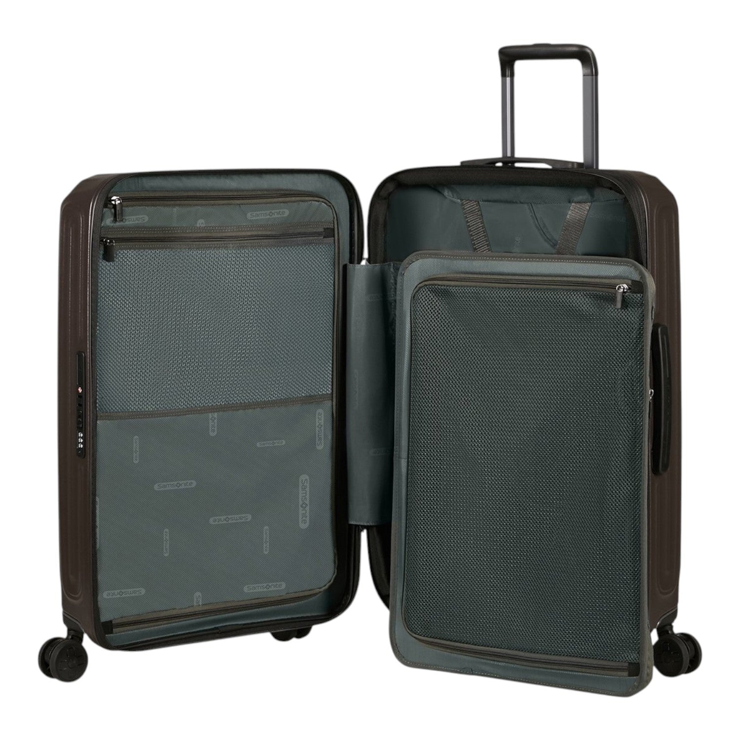 Lieblingstasche 2WANDER Spinner 69/25 Exp suitcase open with grey interior lining, mesh dividers, and telescopic handle