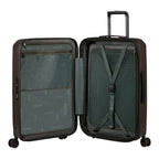Lieblingstasche 2WANDER Spinner 69/25 Exp suitcase interior with mesh dividers, compression straps, and dark lining.