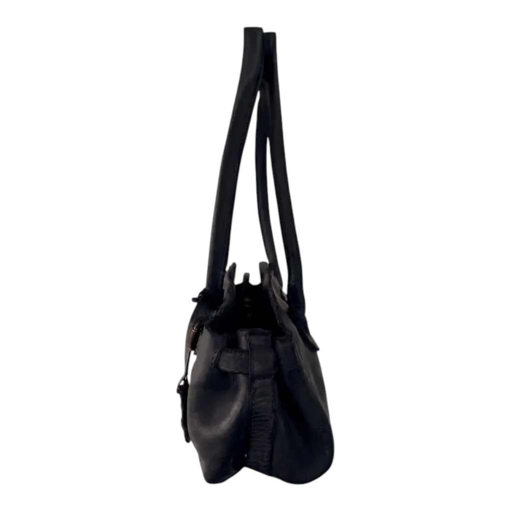 Lieblingstasche Adriella black leather handbag shown from the side with long shoulder straps
