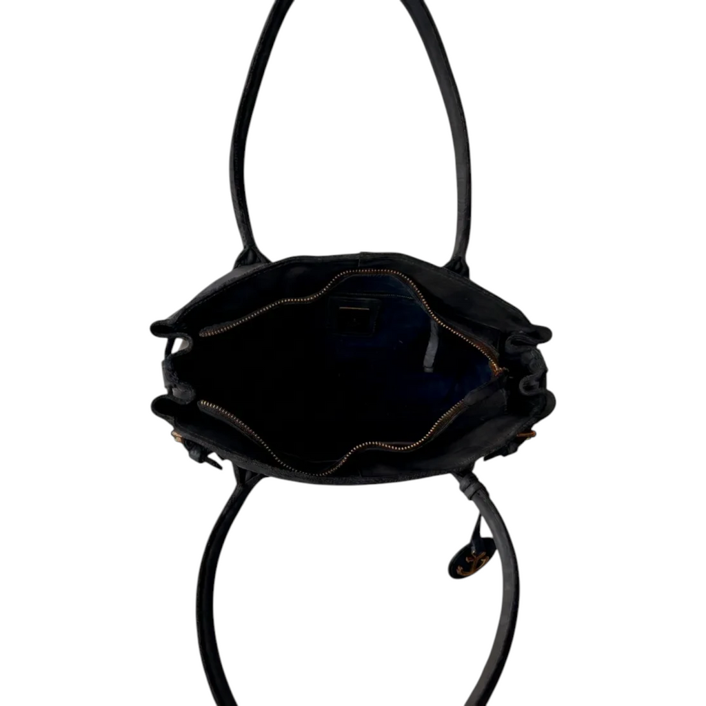 Lieblingstasche Adriella black leather handbag viewed from above with open zippered main compartment