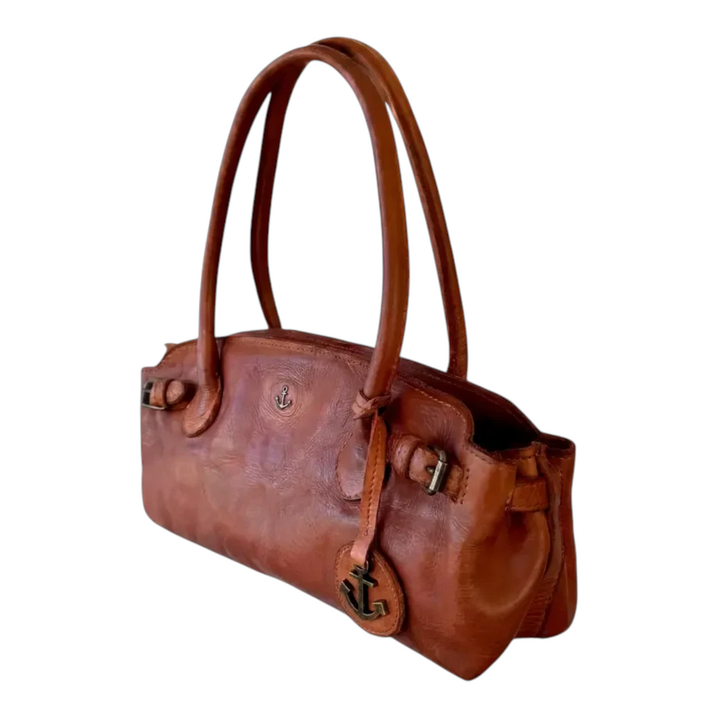 Lieblingstasche Adriella cognac brown leather handbag with anchor charm and side buckle details