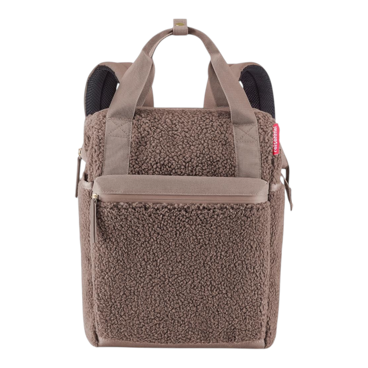 Lieblingstasche Allrounder R backpack in brown teddy fleece material with top carry handles and front zip pocket