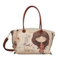 Lieblingstasche Anekke short handle bag in beige with whimsical girl illustration, brown straps, and charm details