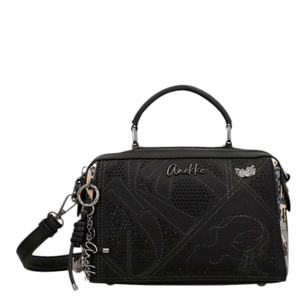 Lieblingstasche Anekke black cross-body bag with laser-cut geometric patterns, top handle, and decorative charms.
