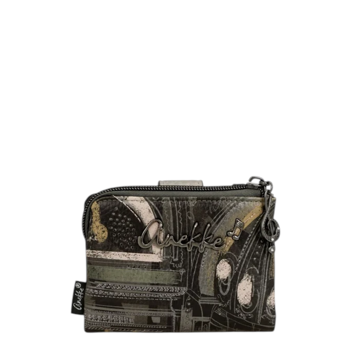 Lieblingstasche Anekke wallet in dark green with abstract graphic print, metal logo, and musical note charm