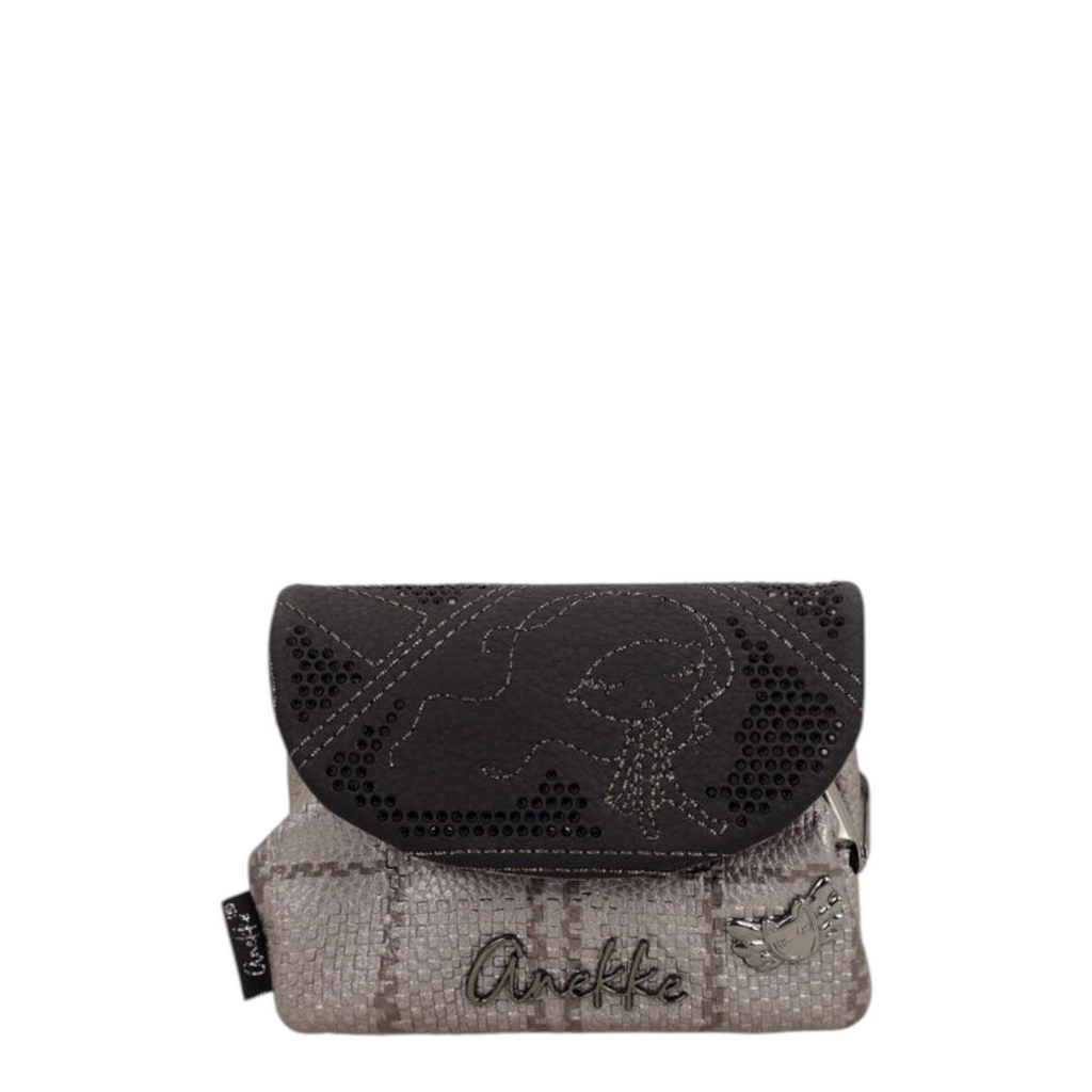 Lieblingstasche Anekke purse in grey and black with textured fabric, decorative stitching, and metallic logo detail