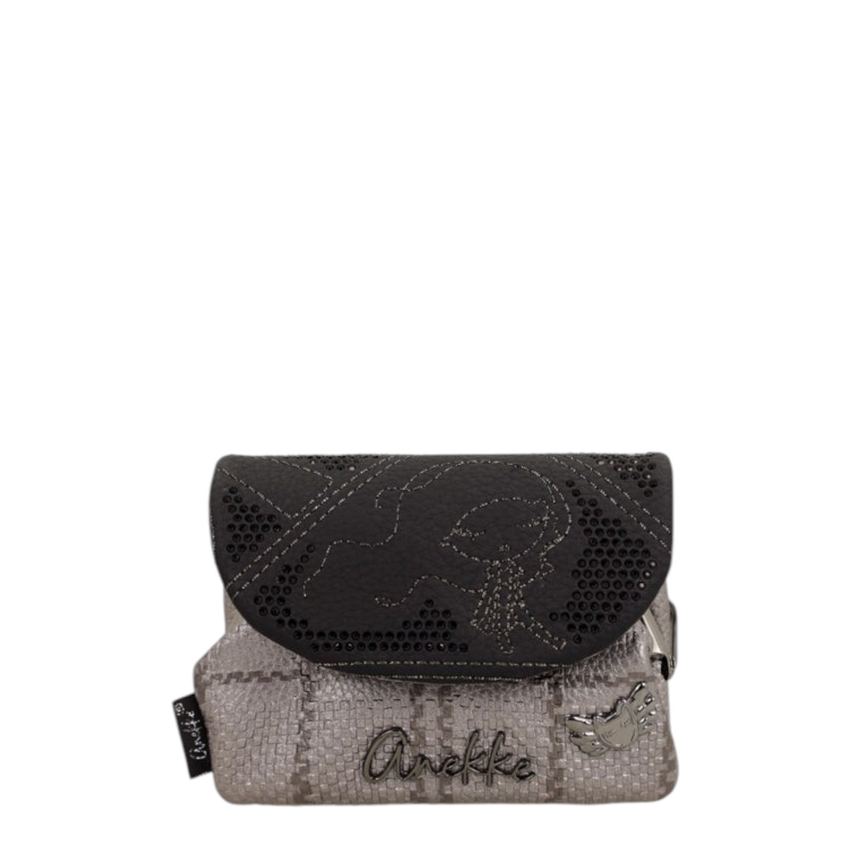 Lieblingstasche Anekke purse in grey and black with textured fabric, decorative stitching, and metallic logo detail