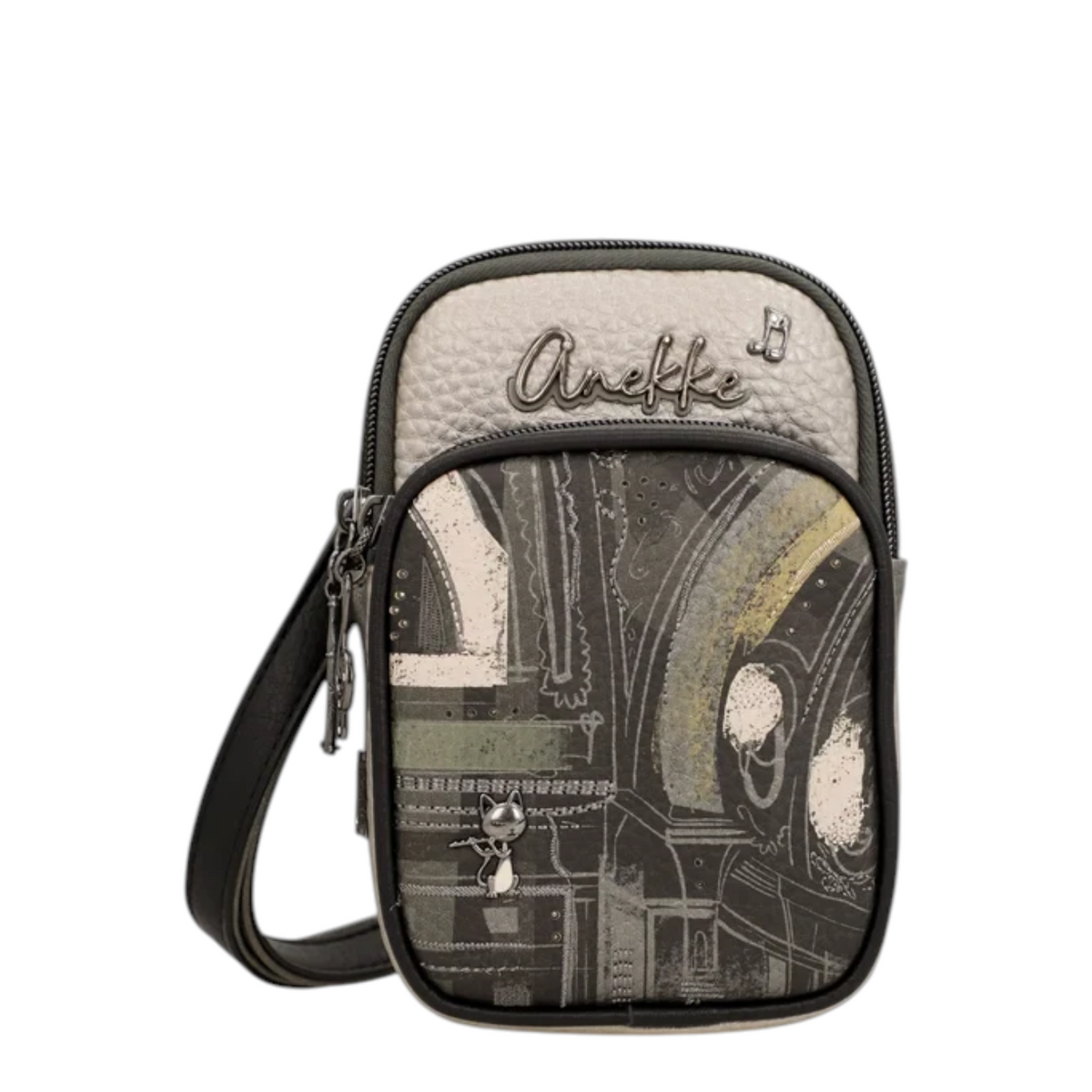 Lieblingstasche Anekke mini cross-body bag in grey and black with whimsical cat illustration and metallic logo detail