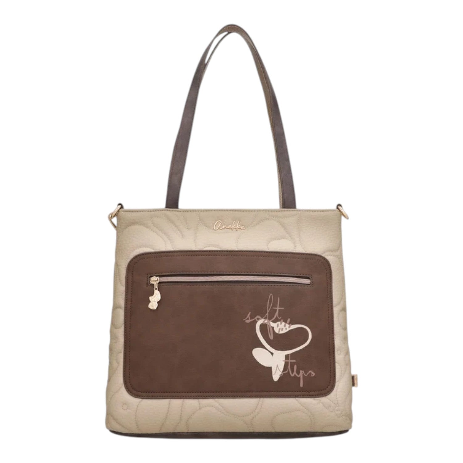 Lieblingstasche Anekke shoulder bag in beige and brown with quilted texture, front zip pocket, and heart embroidery.