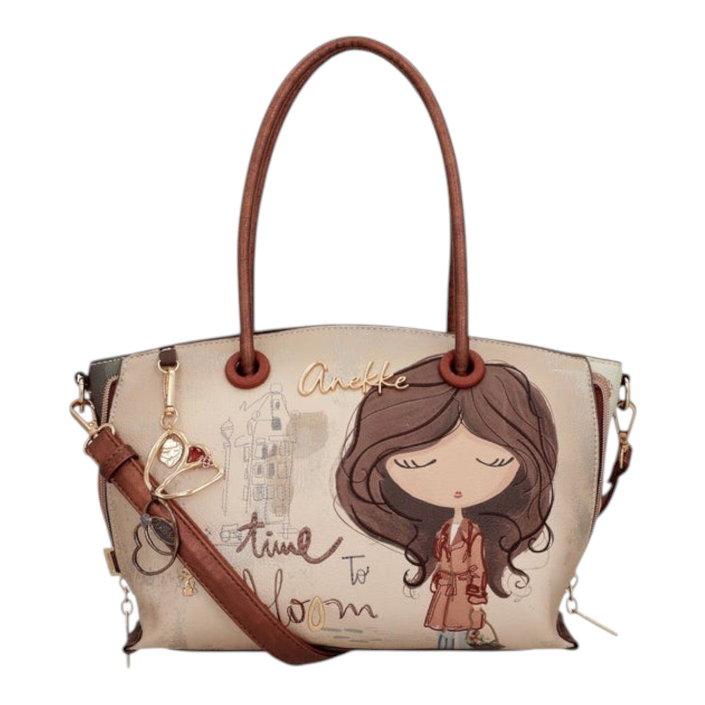 Lieblingstasche short handle bag featuring Anekke illustration, brown leather-look trim, and decorative charm