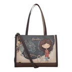 Lieblingstasche shoulder bag featuring Anekke illustration, brown leather-look material, and decorative charms.