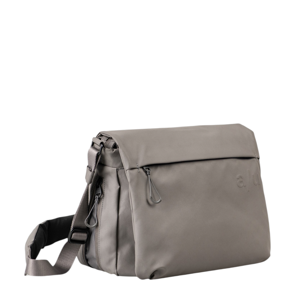 Lieblingstasche Aoki RE lite grey messenger bag with a flap closure and adjustable shoulder strap