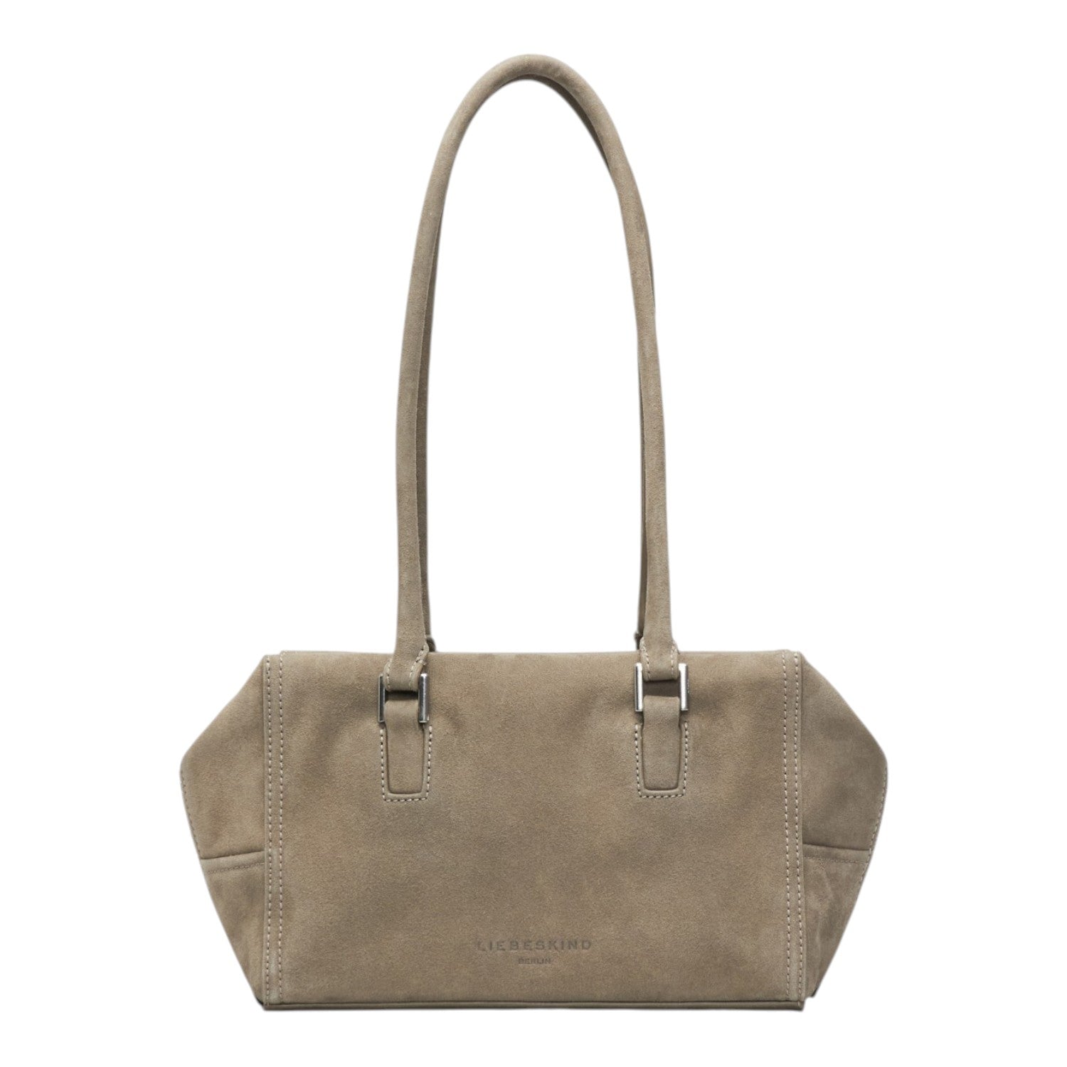 Lieblingstasche Archive Kayla Satchel S in taupe suede with long shoulder straps and silver hardware