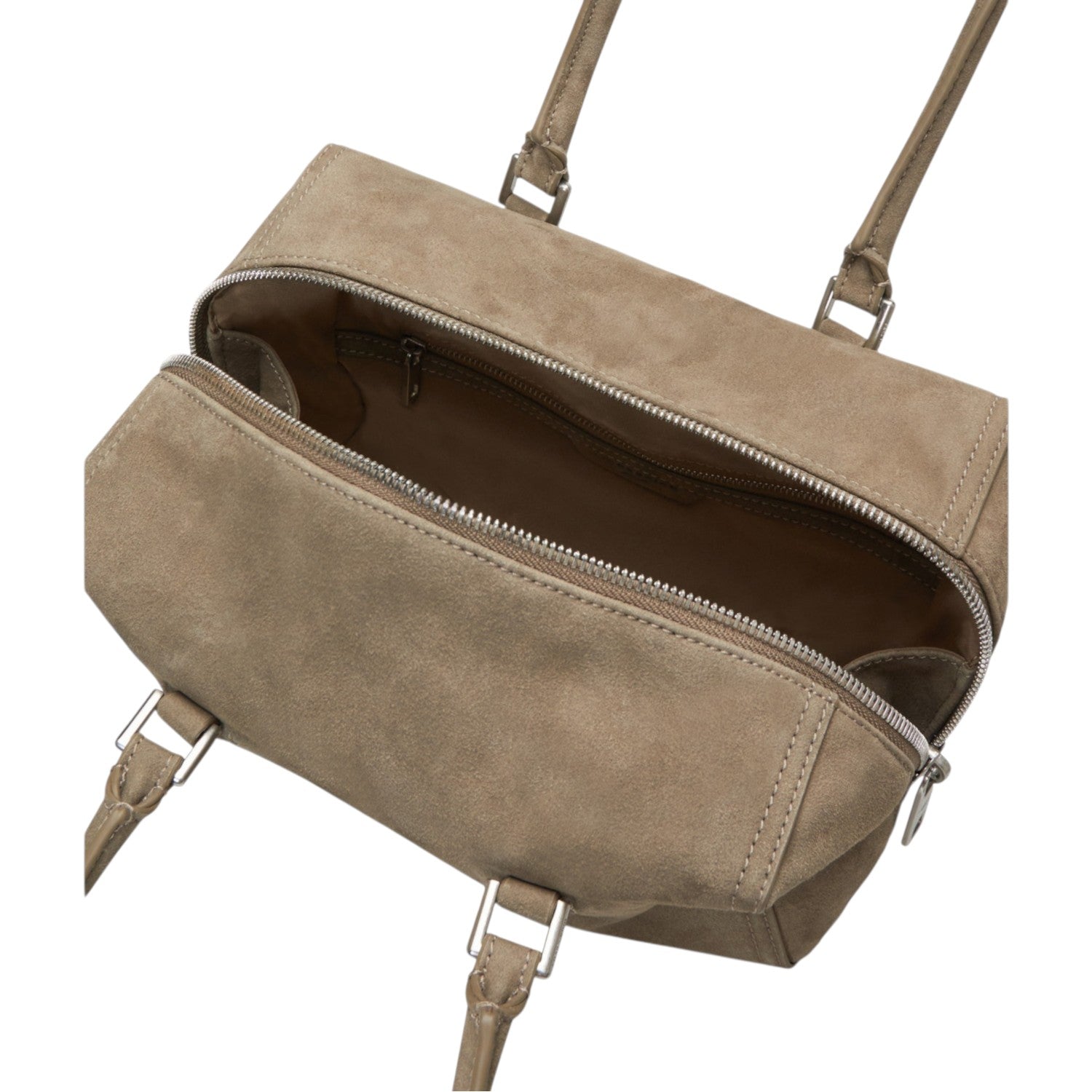 Lieblingstasche Archive Kayla Satchel S in taupe suede leather with a top zip closure and silver hardware
