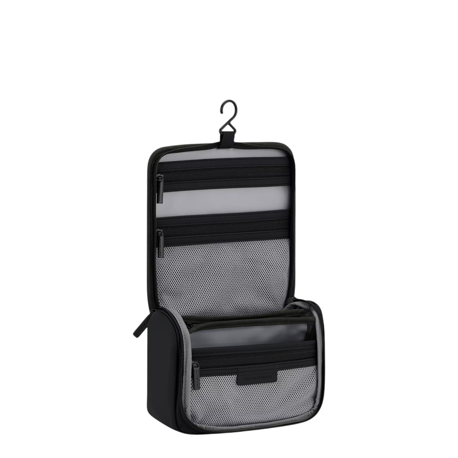 Lieblingstasche Bali washbag in black with multiple internal mesh compartments and a hanging hook for travel
