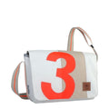 Lieblingstasche Barkasse Mini messenger bag in white with a large orange number 3 applique and beige stripe detail.