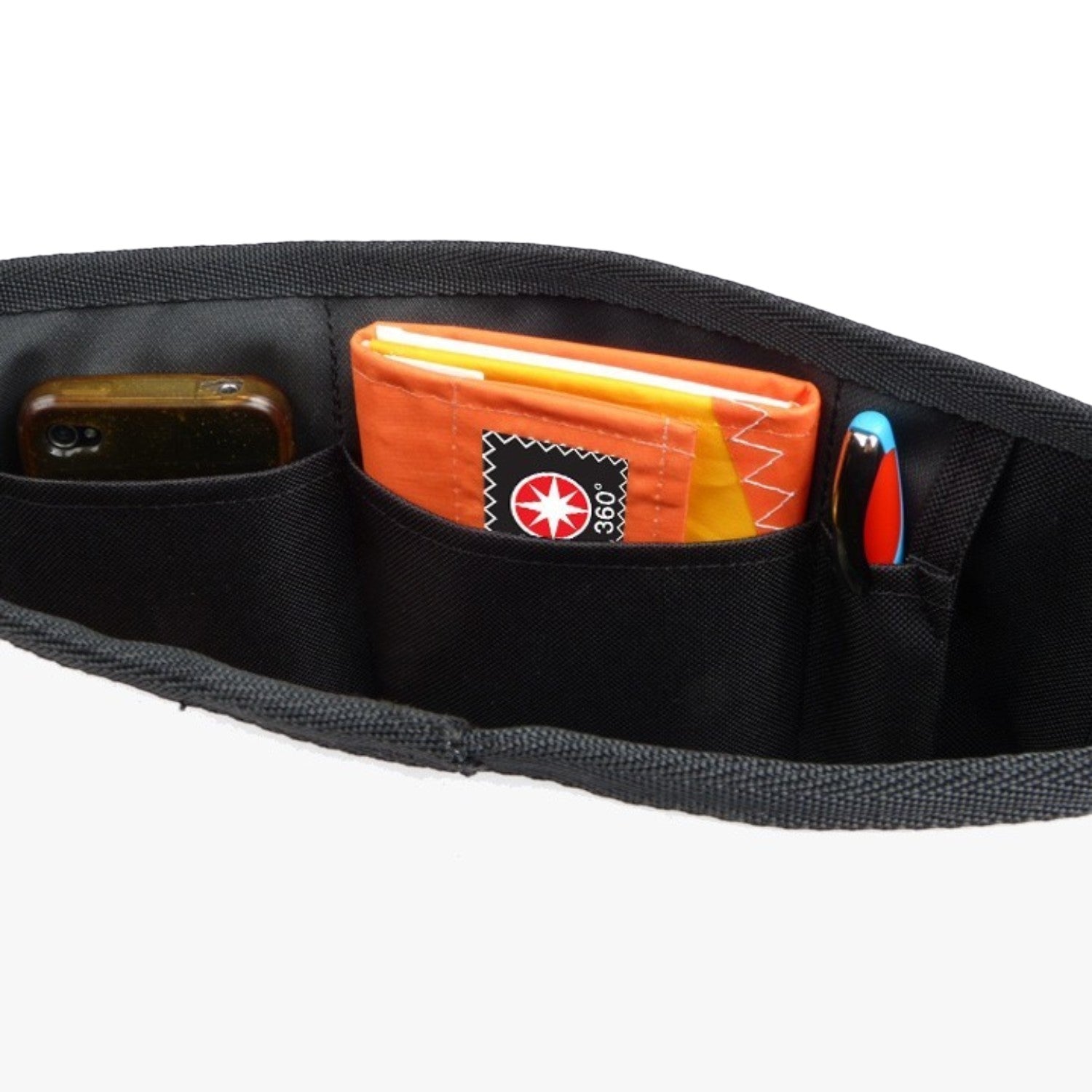 Lieblingstasche Barkasse Mini organizer with phone, wallet, and pen in black nylon.