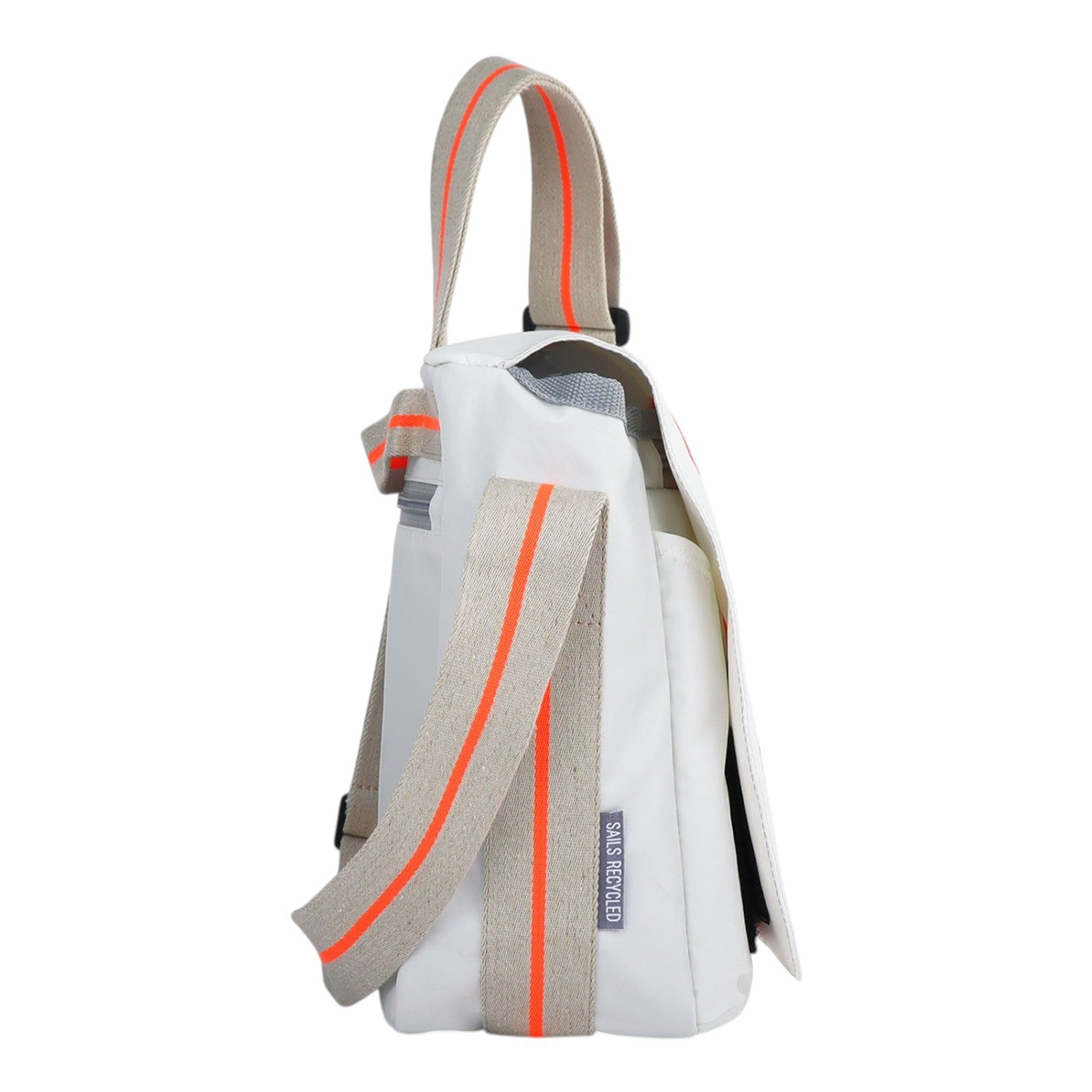 Lieblingstasche Barkasse Mini white crossbody bag with beige and orange striped strap, made from recycled sails.