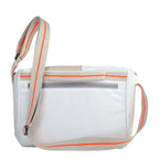 Lieblingstasche Barkasse Mini white messenger bag with beige and orange striped strap.