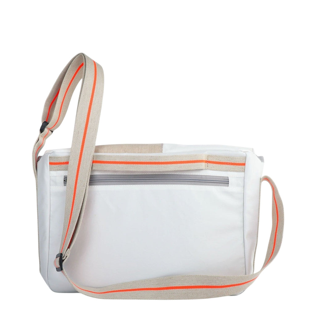 Lieblingstasche Barkasse Mini white messenger bag with beige and orange striped strap.