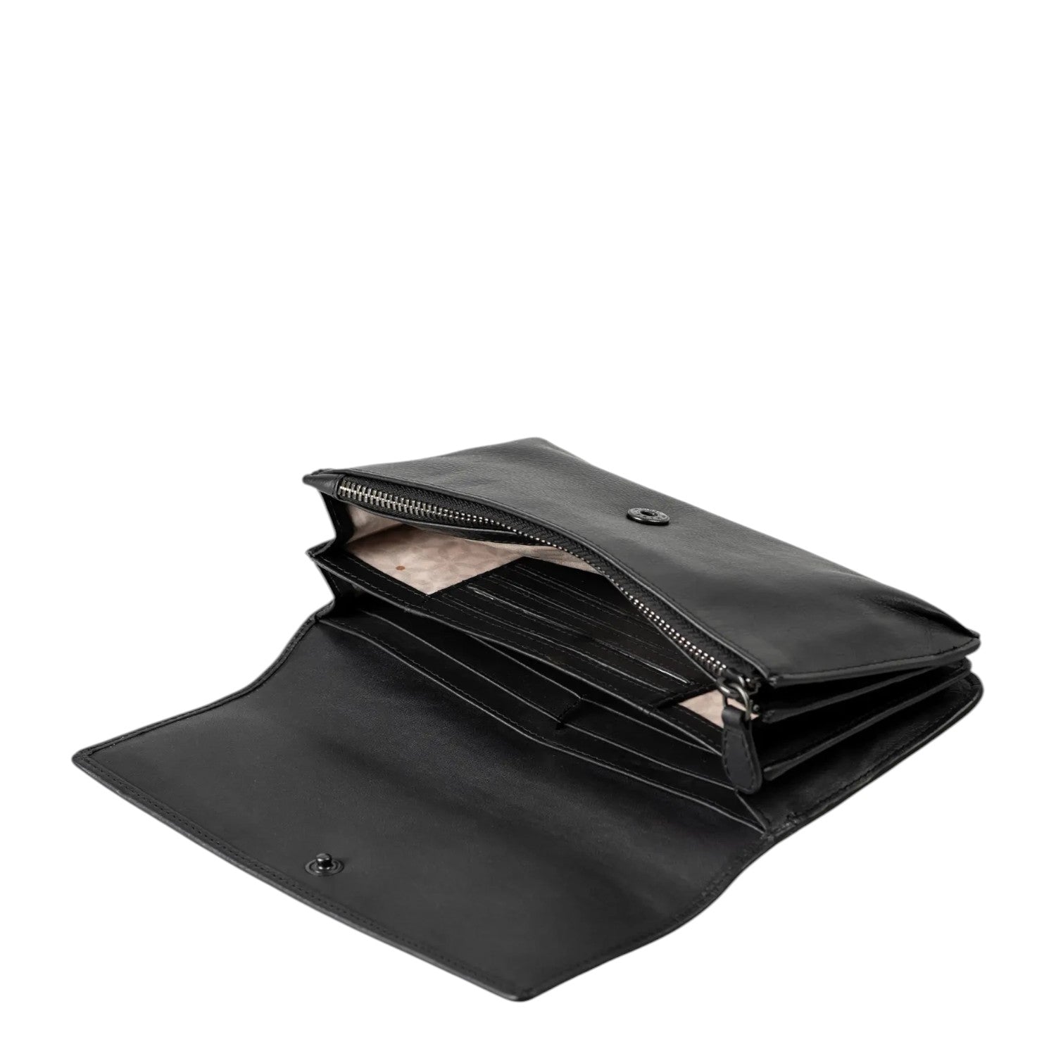 Lieblingstasche Bay black leather wallet with open interior featuring card slots and a zippered coin compartment