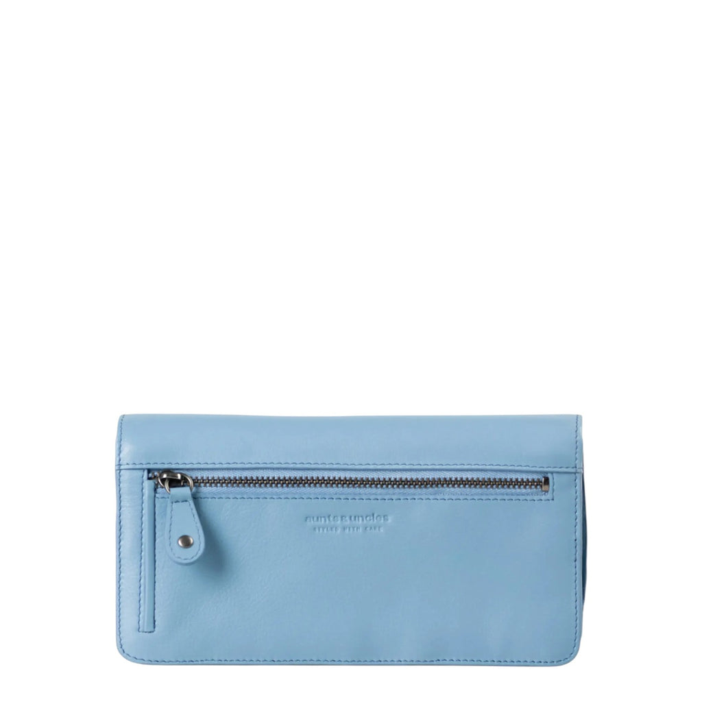 Lieblingstasche Bay light blue leather wallet with a front zipper pocket and embossed logo detail