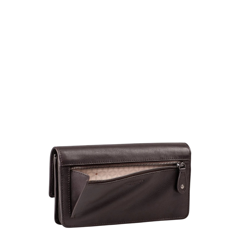 Lieblingstasche Bay dark brown leather wallet with an open exterior zippered pocket and patterned interior lining