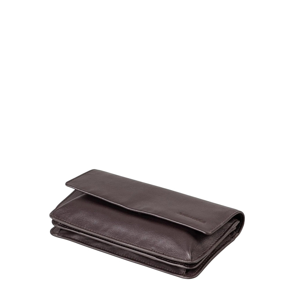 Lieblingstasche Bay dark brown leather wallet with a flap closure, shown from a side angle on a white background.