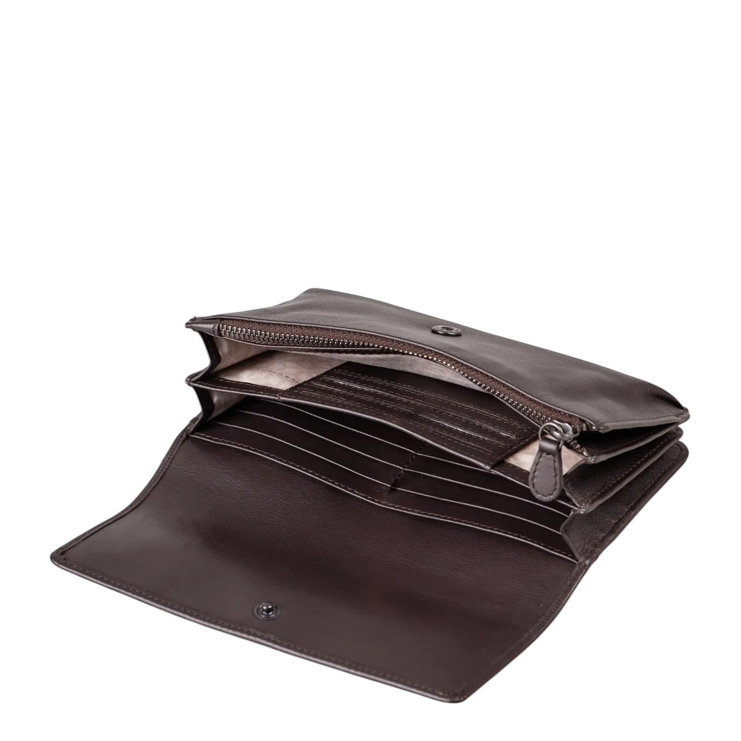 Lieblingstasche Bay dark brown leather wallet with open interior featuring card slots and a zippered coin pocket
