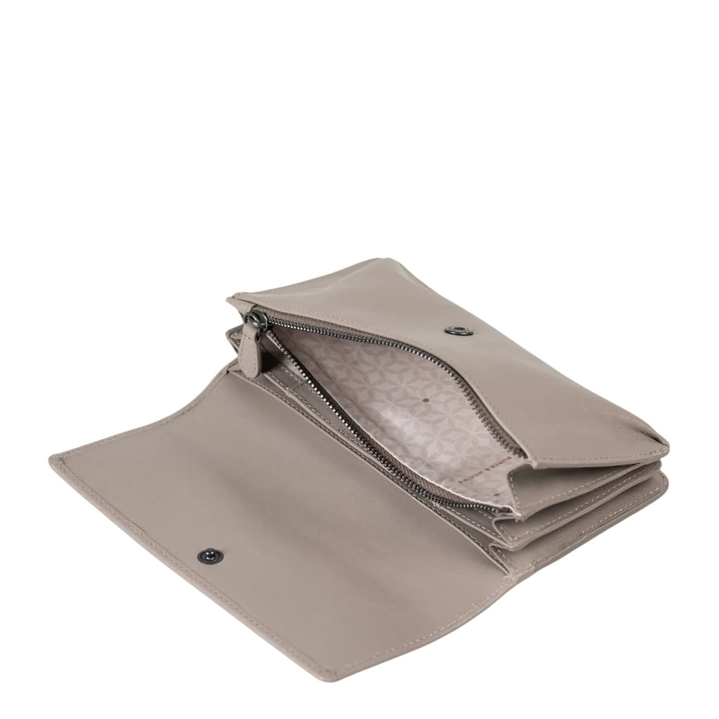 Lieblingstasche Bay taupe leather wallet with open flap, interior zipper pocket, and patterned lining