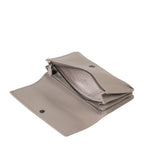 Lieblingstasche Bay taupe leather wallet with open flap, interior zipper pocket, and patterned lining
