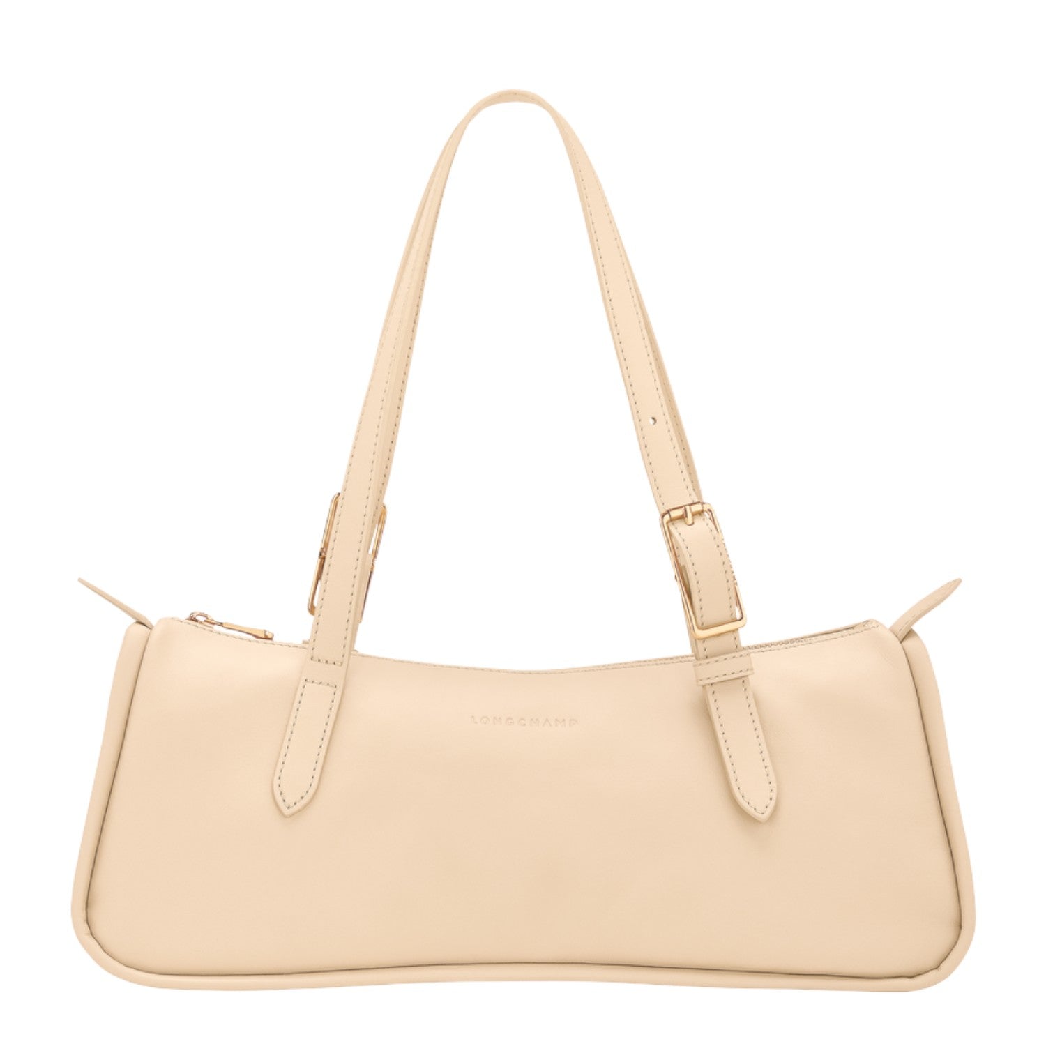 Lieblingstasche beige leather shoulder bag with adjustable buckle straps and a sleek horizontal silhouette.