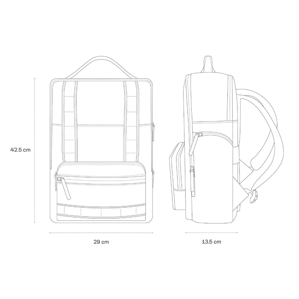 Lieblingstasche Bergen Ultra backpack technical line drawing showing front and side dimensions