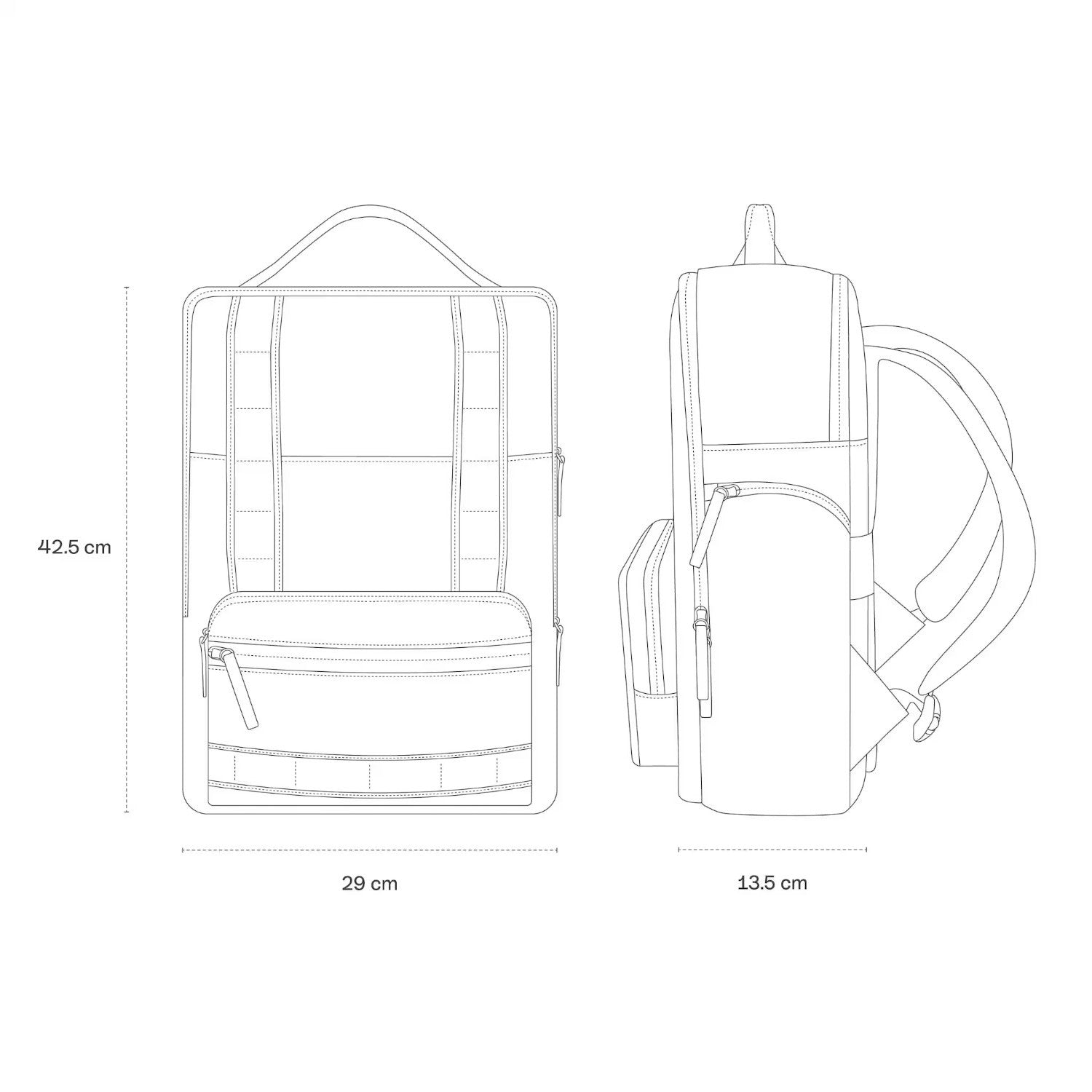 Lieblingstasche Bergen Ultra backpack technical line drawing showing front and side dimensions