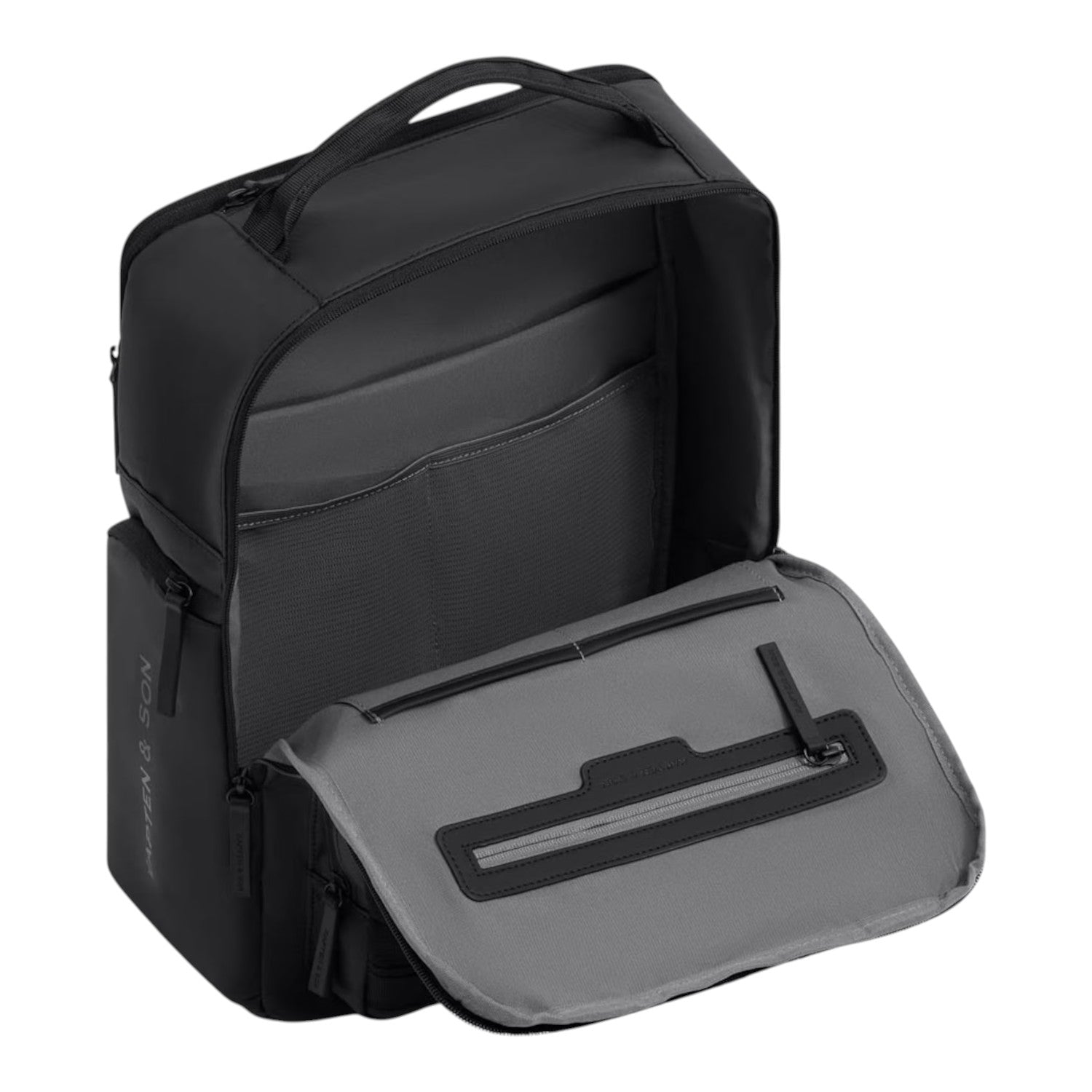 Lieblingstasche Bergen Ultra black backpack with open main compartment showing interior pockets and grey lining