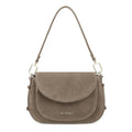 Lieblingstasche Big Sister Suede taupe shoulder bag with a curved flap and silver hardware