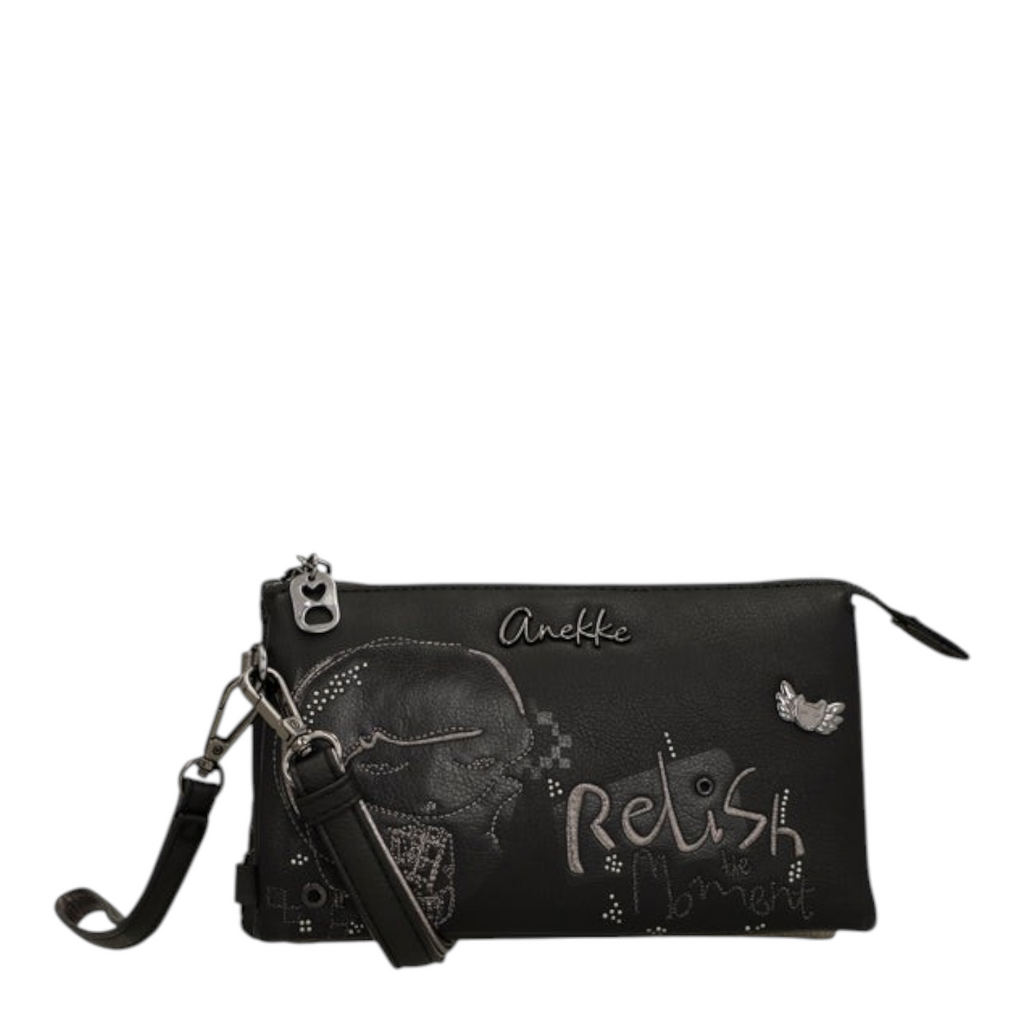 Lieblingstasche black Anekke cross-body bag with Relish the Moment embroidery, metal accents, and wrist strap
