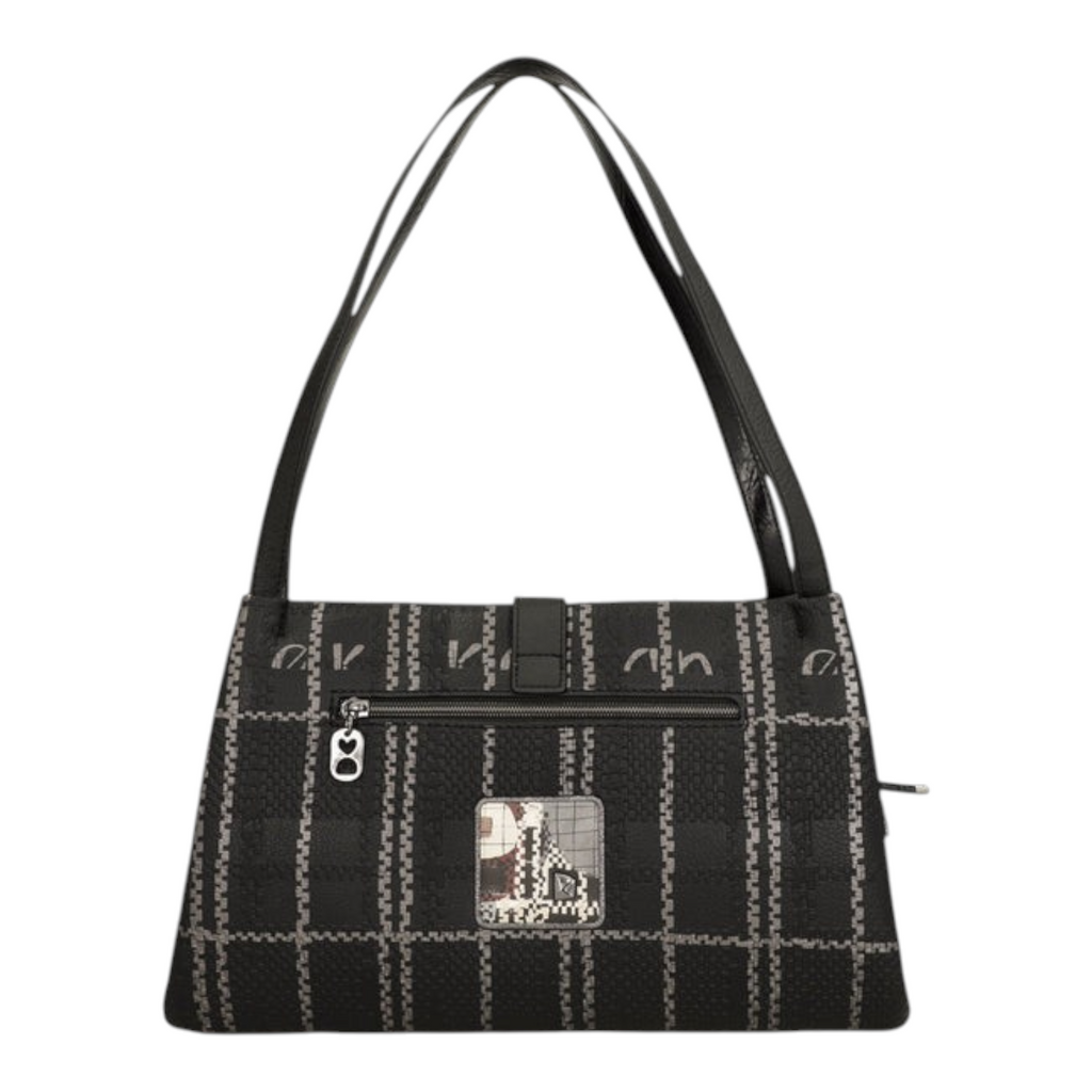 Lieblingstasche shoulder bag in black with a grey checkered pattern, featuring a zip pocket and top handles.